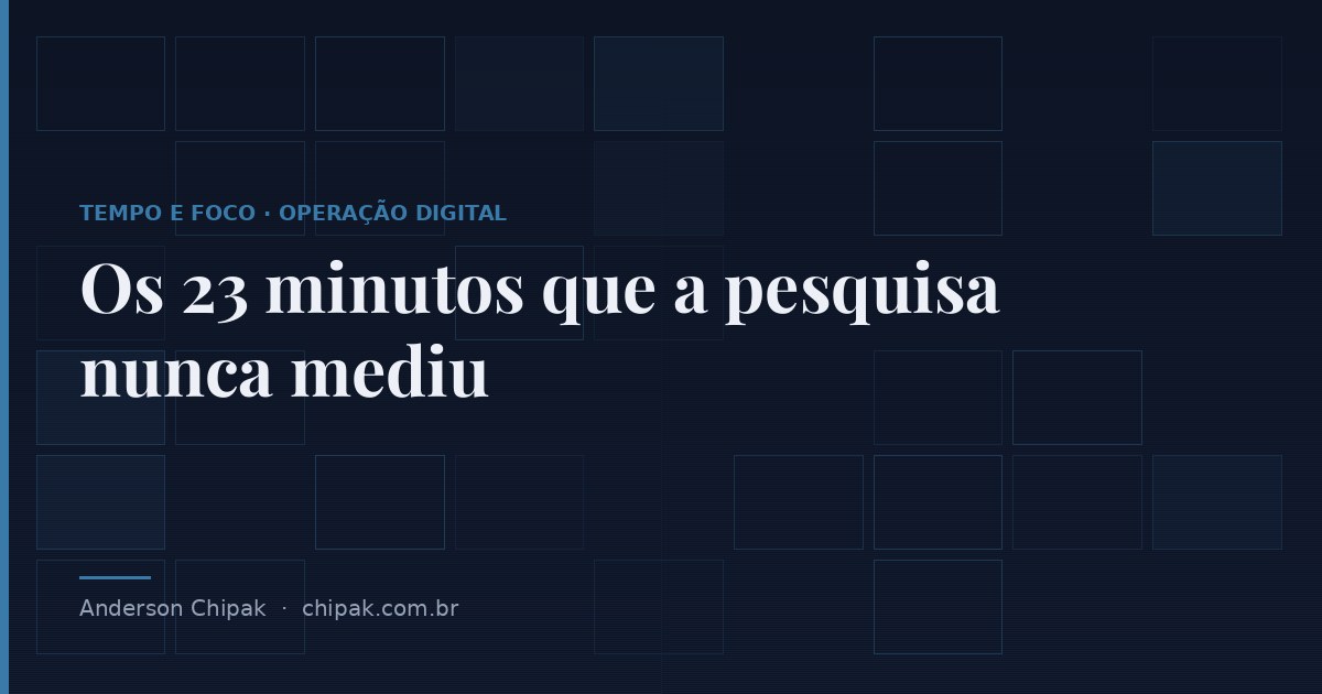 Capa do artigo “Os 23 minutos que a pesquisa nunca mediu”, com o título sobre fundo escuro e grafismo geométrico