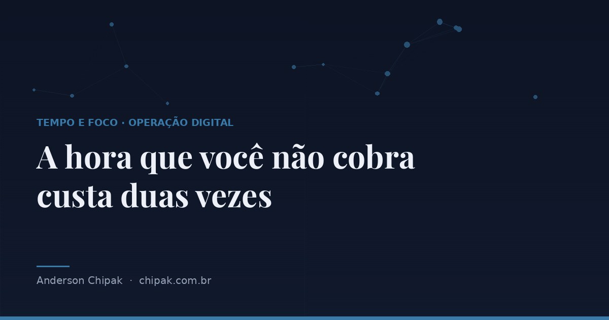 Capa do artigo “A hora que você não cobra custa duas vezes”, com o título sobre fundo escuro e grafismo geométrico