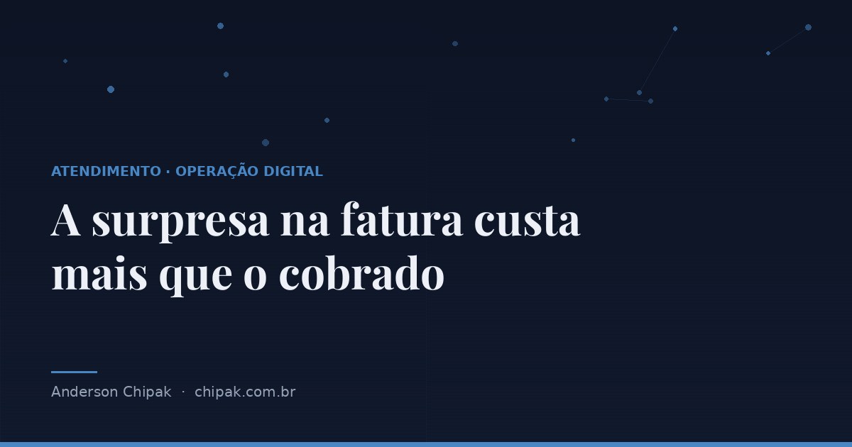 Capa do artigo “A surpresa na fatura custa mais que o cobrado”, com o título sobre fundo escuro e grafismo geométrico