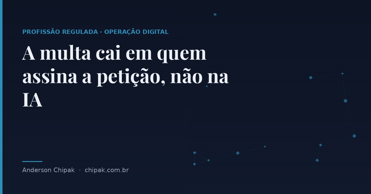 Capa do artigo “A multa cai em quem assina a petição, não na IA”, com o título sobre fundo escuro e grafismo geométrico