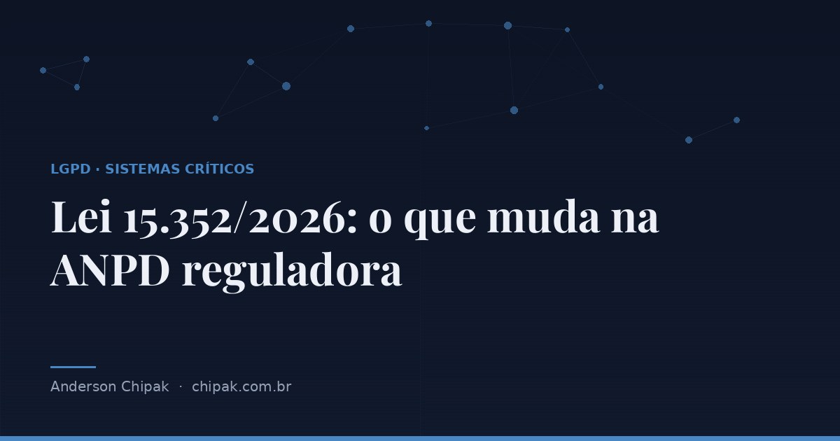 Capa do artigo “Lei 15.352/2026: o que muda na ANPD reguladora”, com o título sobre fundo escuro e grafismo geométrico