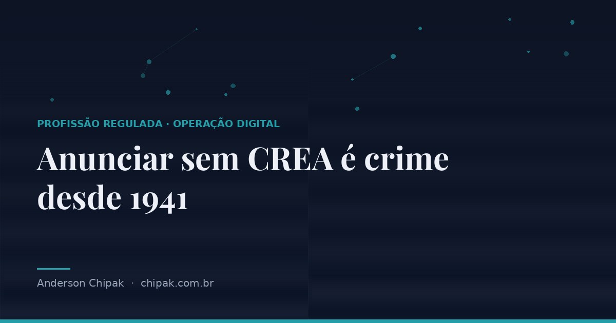 Capa do artigo “Anunciar sem CREA é crime desde 1941”, com o título sobre fundo escuro e grafismo geométrico