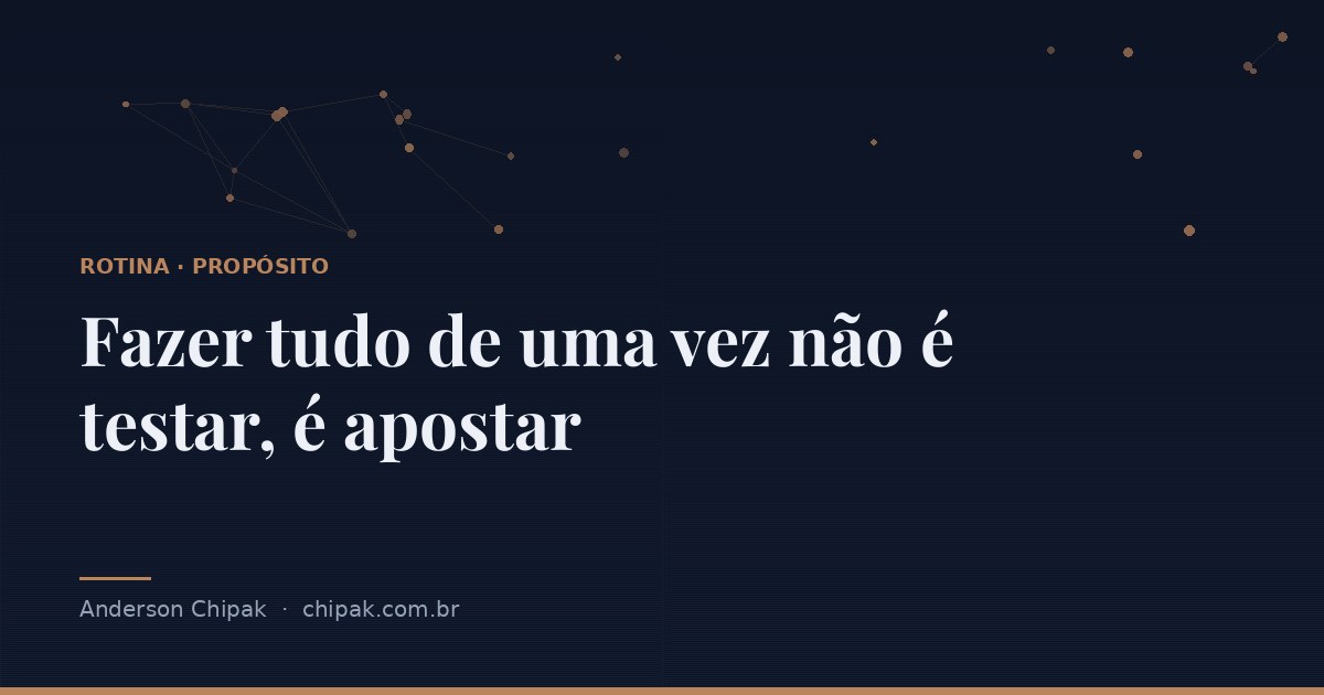 Capa do artigo “Fazer tudo de uma vez não é testar, é apostar”, com o título sobre fundo escuro e grafismo geométrico