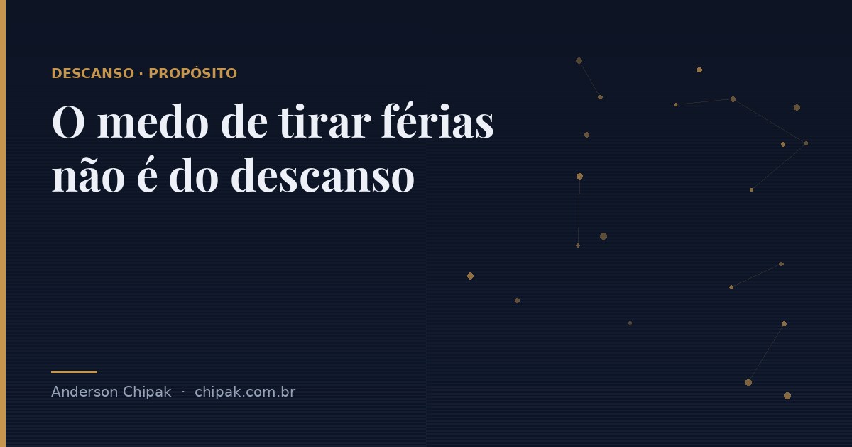 Capa do artigo “O medo de tirar férias não é do descanso”, com o título sobre fundo escuro e grafismo geométrico