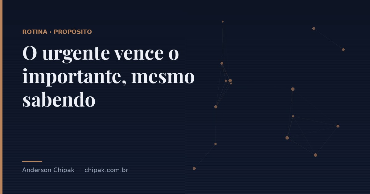 Capa do artigo “O urgente vence o importante, mesmo sabendo”, com o título sobre fundo escuro e grafismo geométrico