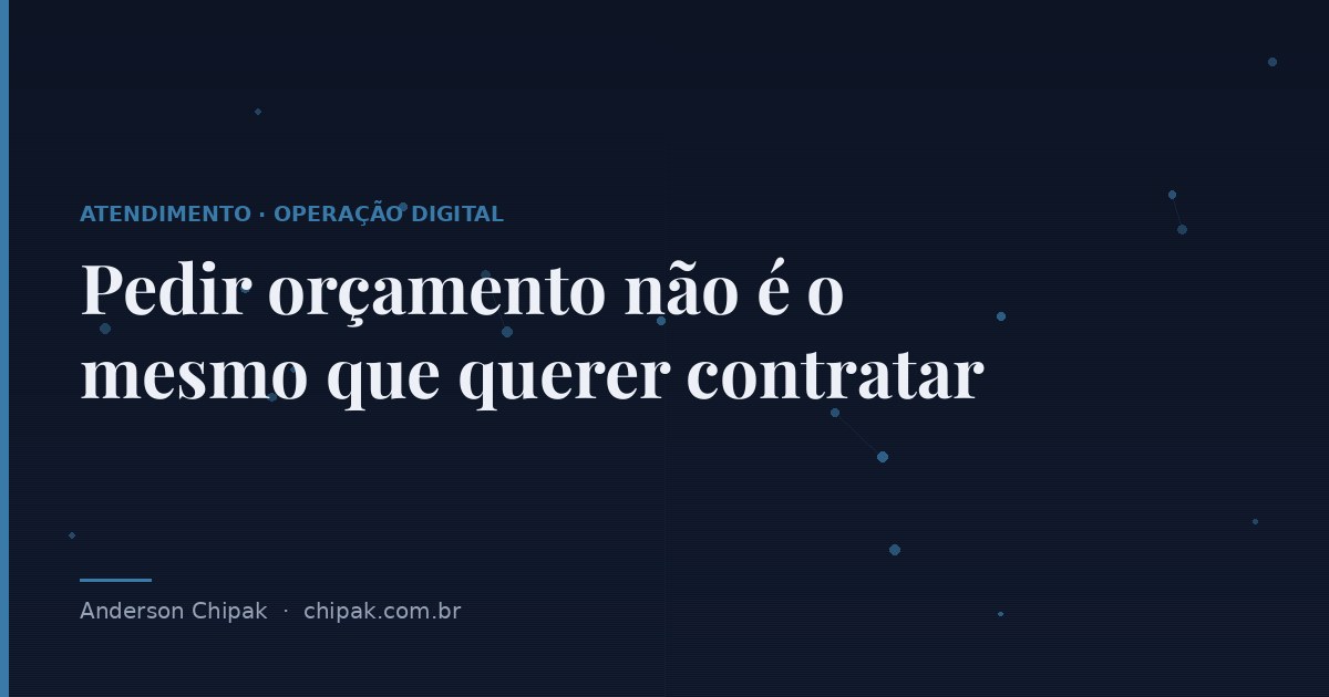 Capa do artigo “Pedir orçamento não é o mesmo que querer contratar”, com o título sobre fundo escuro e grafismo geométrico