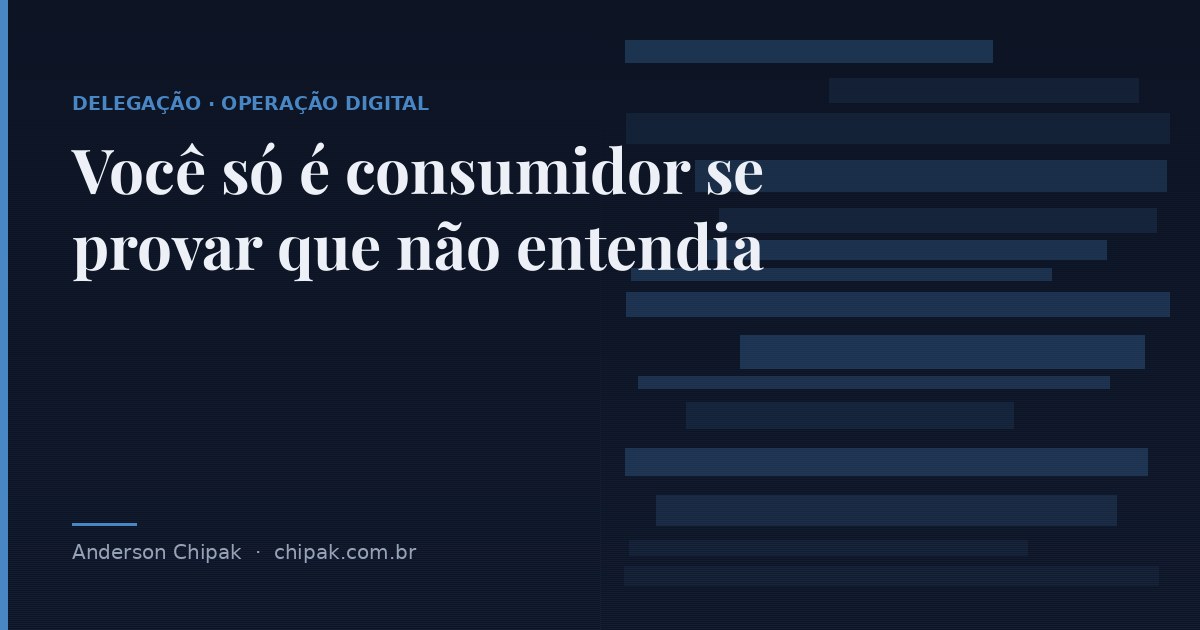 Capa do artigo “Você só é consumidor se provar que não entendia”, com o título sobre fundo escuro e grafismo geométrico