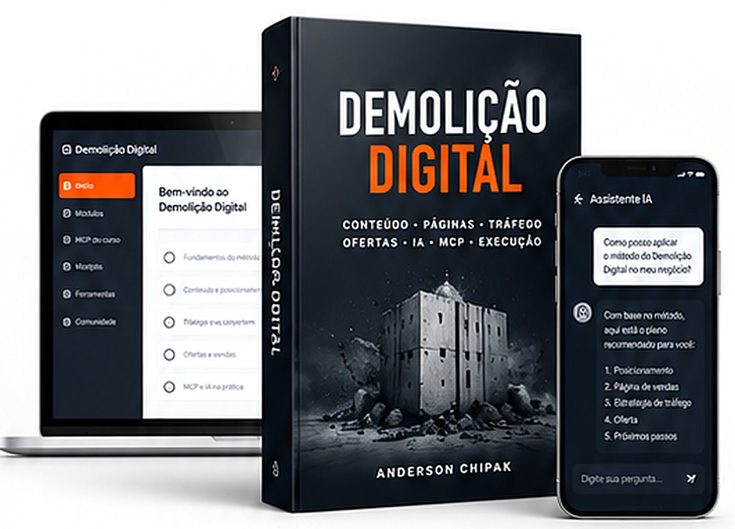Demolição Digital — plataforma do curso no notebook, livro e assistente de IA no celular