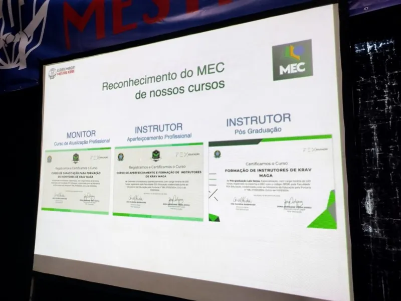 Telão com três certificados: monitor como curso de atualização profissional, instrutor como aperfeiçoamento profissional e instrutor como pós-graduação lato sensu, emitidos pela FEX Educação