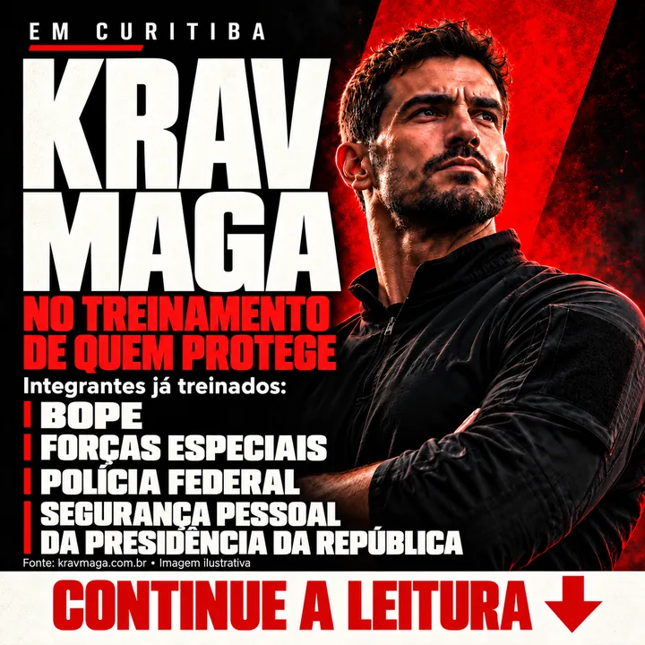 Arte ilustrativa: Krav Maga no treinamento de quem protege. Integrantes já treinados: BOPE, Forças Especiais, Polícia Federal e segurança pessoal da Presidência da República. Fonte: kravmaga.com.br.