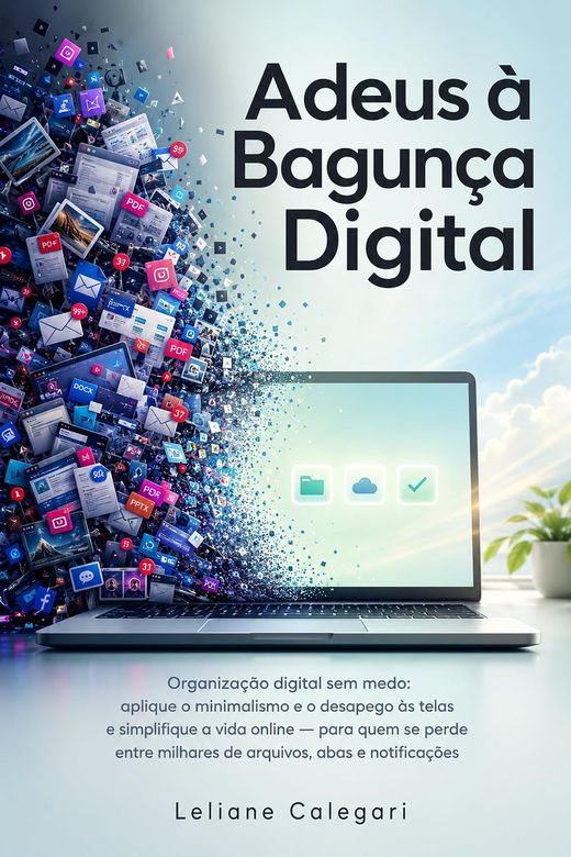 Capa do livro Adeus à Bagunça Digital, de Leliane Calegari — sobre organização de arquivos, fotos e telas