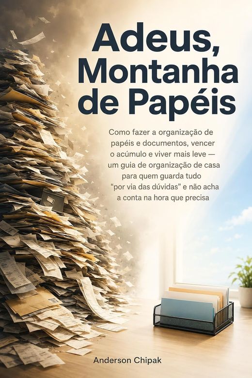 Capa do livro Adeus, Montanha de Papéis, de Anderson Chipak — sobre organizar papéis e documentos em casa