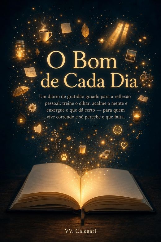 Capa do livro O Bom de Cada Dia, de V.V. Calegari — sobre diário de gratidão guiado e atenção ao que dá certo