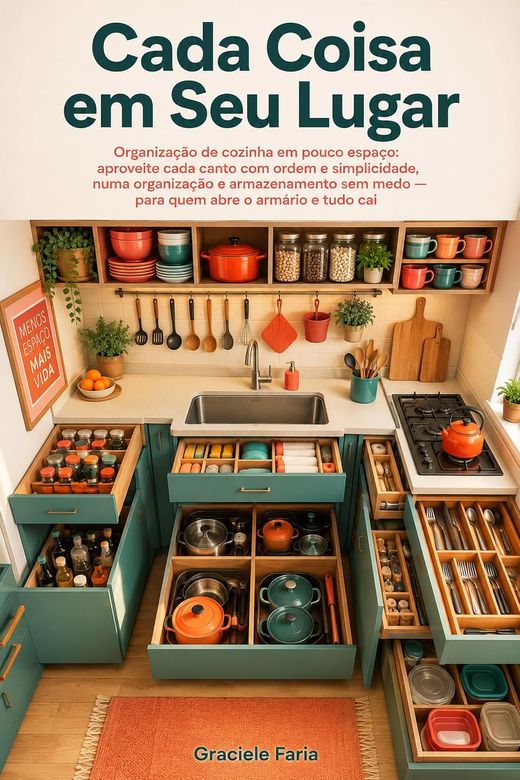 Capa do livro Cada Coisa em Seu Lugar, de Graciele Faria — sobre organizar a cozinha pequena