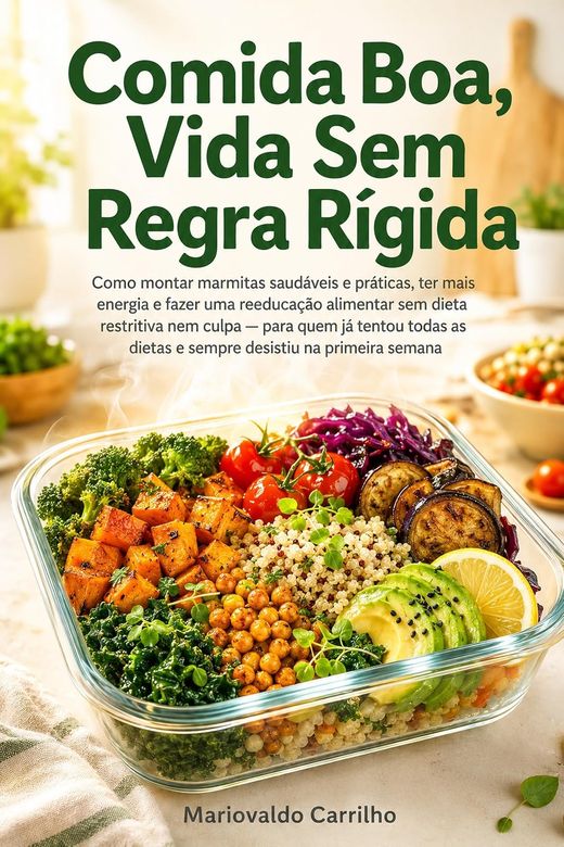 Capa do livro Comida Boa, Vida Sem Regra Rígida, de Mariovaldo Carrilho — sobre marmitas e rotina alimentar