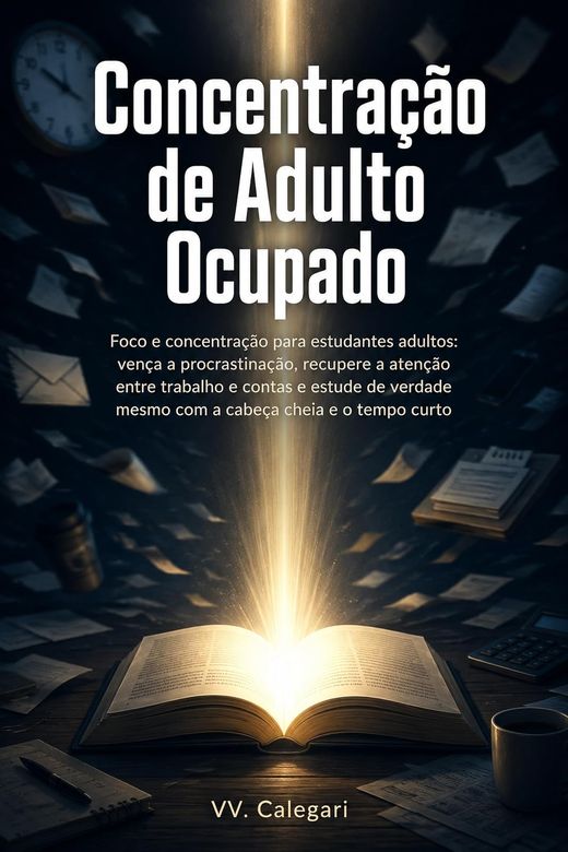 Capa do livro Concentração de Adulto Ocupado, de V.V. Calegari — sobre foco e estudo na vida adulta