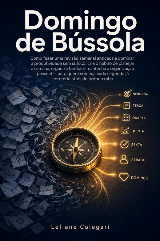 Capa do livro Domingo de Bússola, de Leliane Calegari — sobre revisão semanal e organização pessoal