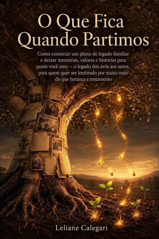 Capa do livro O Que Fica Quando Partimos, de Leliane Calegari — sobre legado, memória e histórias de família