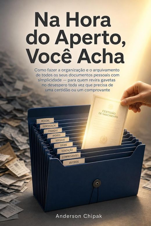 Capa do livro Na Hora do Aperto, Você Acha, de Anderson Chipak — sobre organizar documentos pessoais