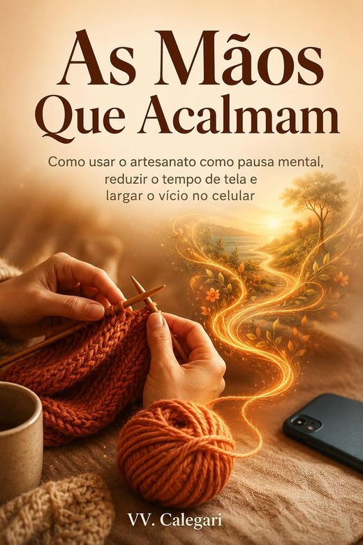 Capa do livro As Mãos Que Acalmam, de V.V. Calegari — sobre artesanato, atenção e tempo de tela