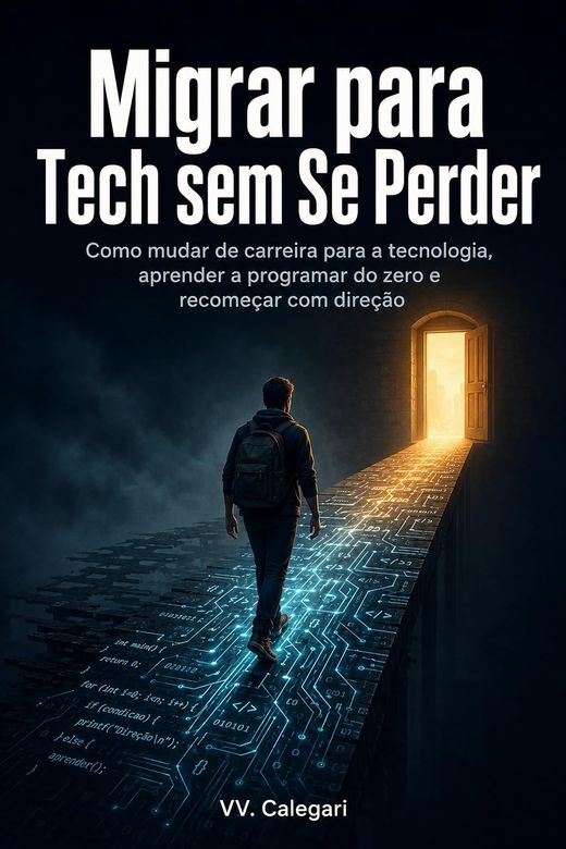 Capa do livro Migrar para Tech sem Se Perder, de V.V. Calegari — sobre transição de carreira para tecnologia