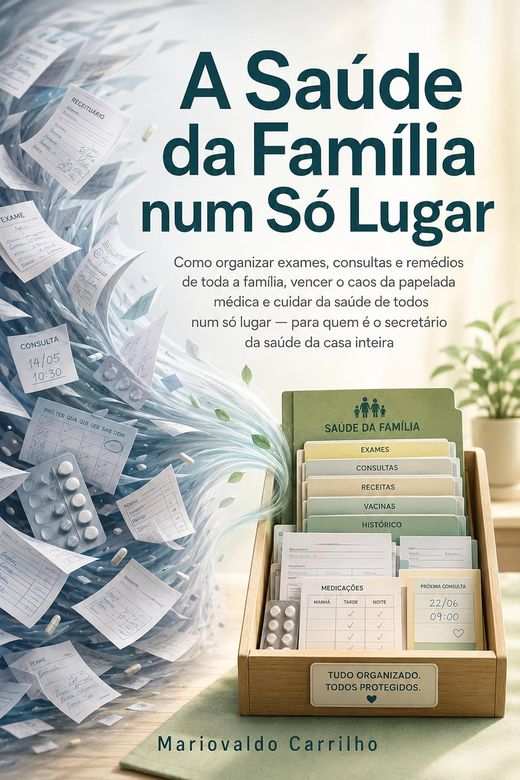 Capa do livro A Saúde da Família num Só Lugar, de Mariovaldo Carrilho — sobre organizar exames e consultas