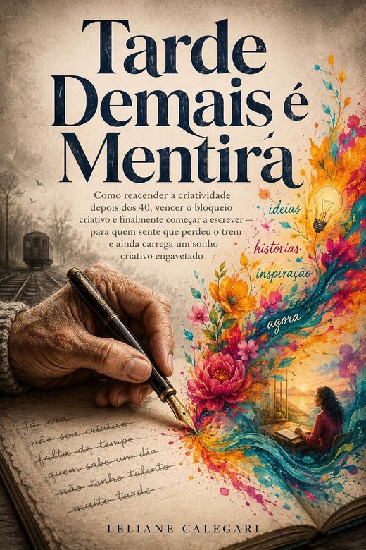 Capa do livro Tarde Demais é Mentira, de Leliane Calegari — sobre retomar a criatividade na maturidade