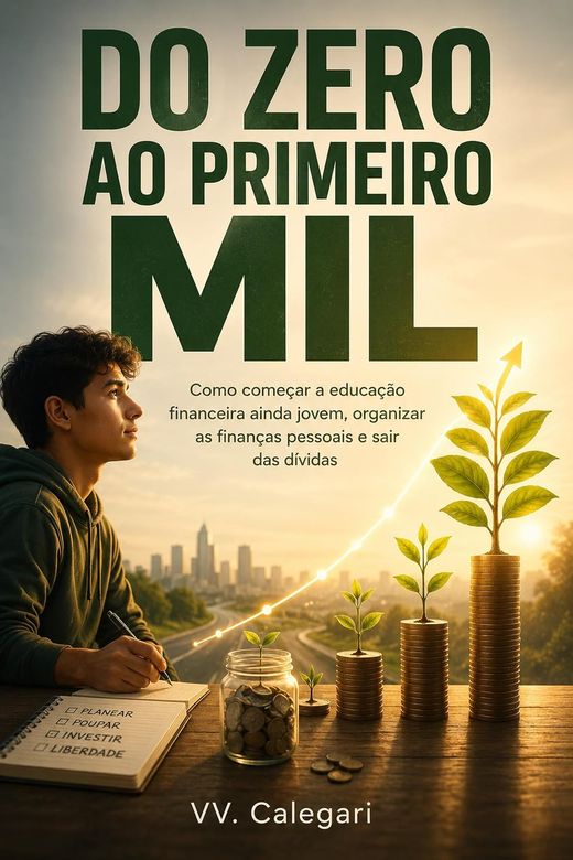 Capa do livro de educação financeira de V.V. Calegari — sobre organizar o dinheiro no começo da vida adulta